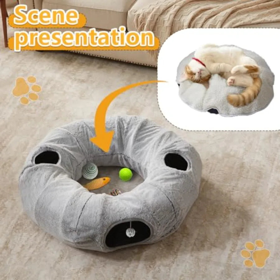 Cat Donut Tunnel Bed For Indoor Cats With Washable Cushion