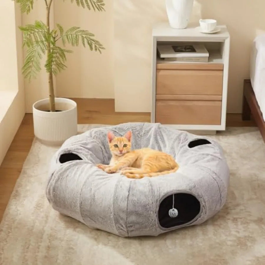 Cat Donut Tunnel Bed For Indoor Cats With Washable Cushion