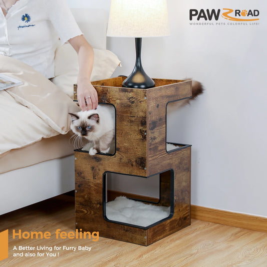 PAWZ Road Wood Cat Condo House With Scratching Pad Mats