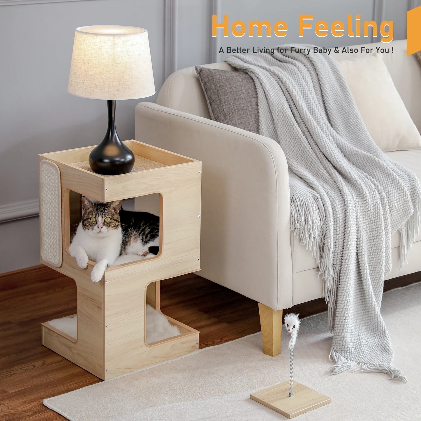 PAWZ Road Wood Cat Condo House With Scratching Pad Mats