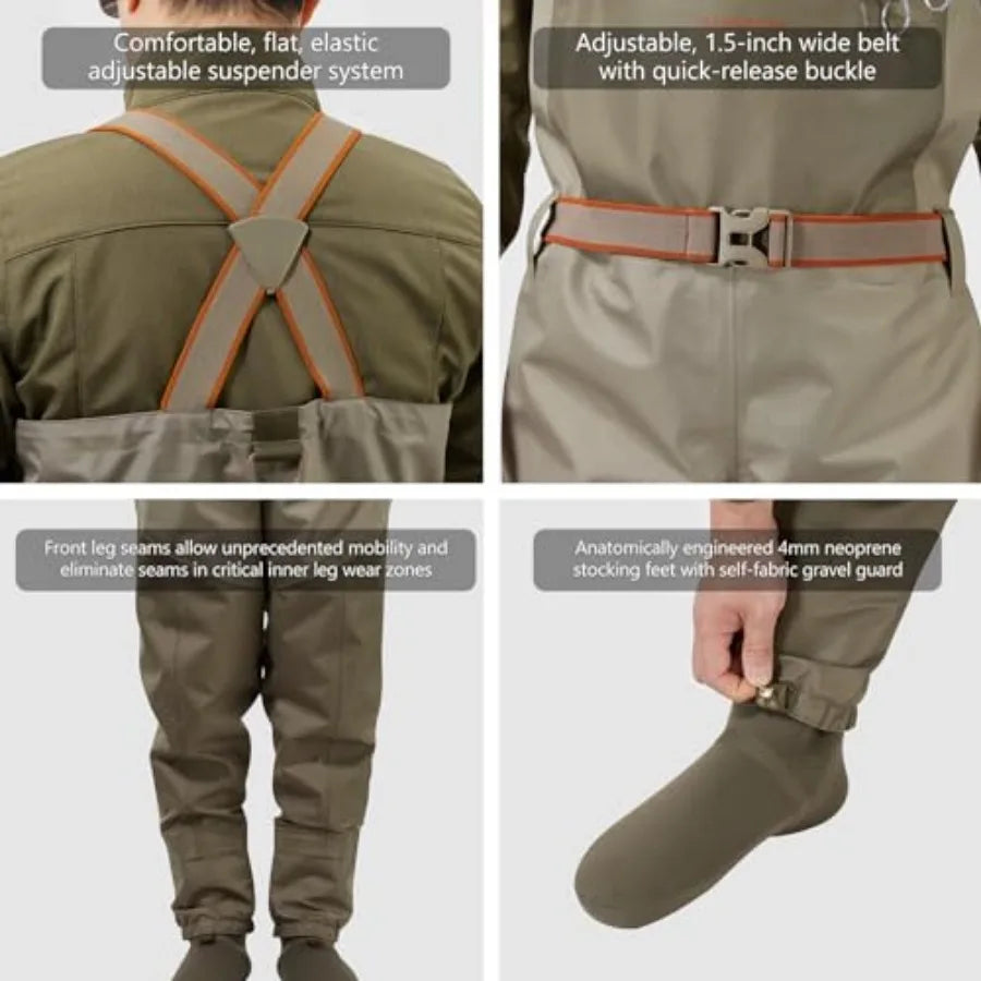 Men's Waterproof Breathable Stocking Foot Chest Waders for Fly Fishing