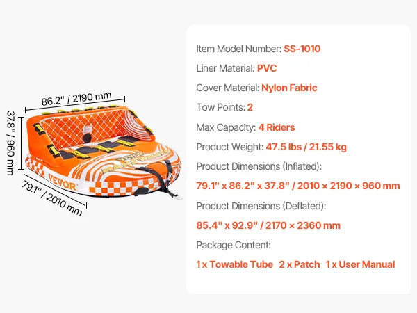 Towable Tube For Boating 1to4 Riders Water Sports Towable