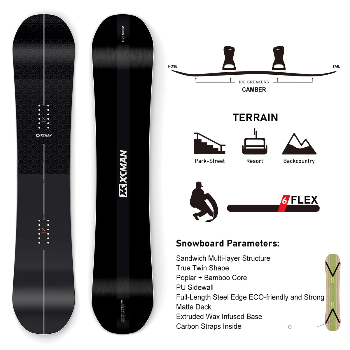 XCMAN Beginner Friendly All Mountain Twin Shape Camber Rocker Snowboard