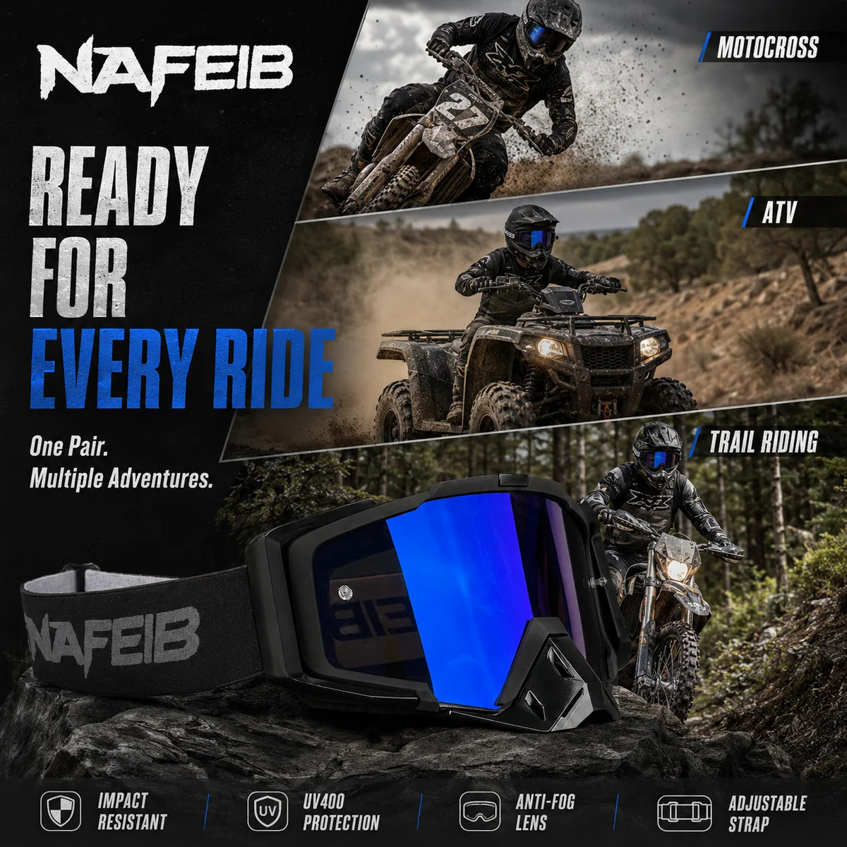 NAFEIB Motorcycle Goggles and Breathable Face Mask for Motocross Riding