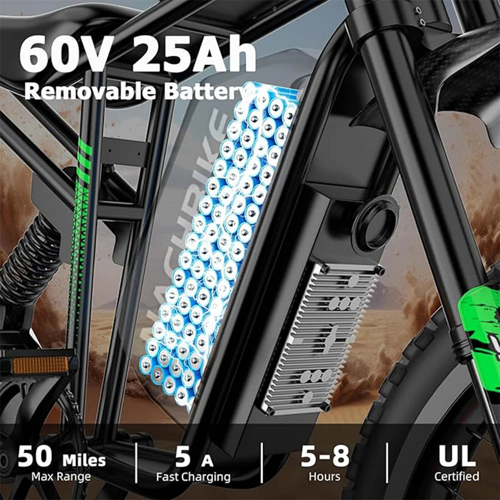 Electric Dirt Bike 6000W 60V 25Ah Battery 50 Mile Range