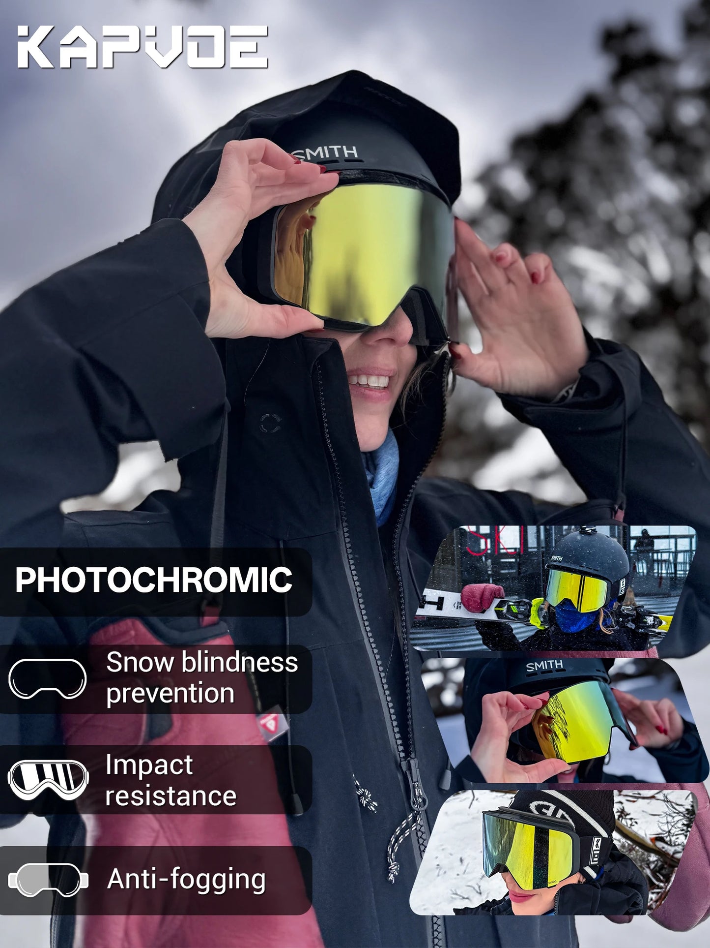 Kapvoe Outdoor Photochromic Ski Goggles UV400 Anti Fog Magnetic